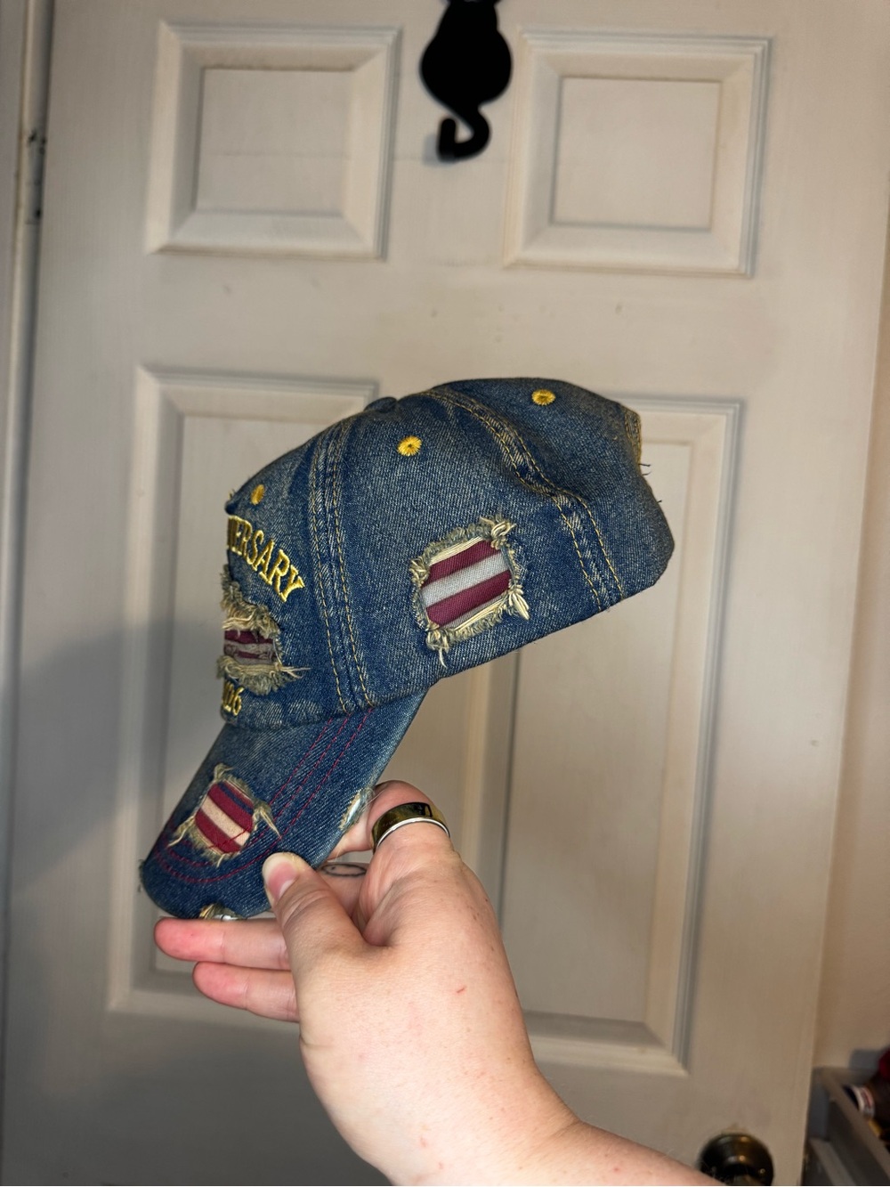 Distressed Denim 250th Anniversary Baseball Cap - Blue with Flag Patch - Picture 3 of 6